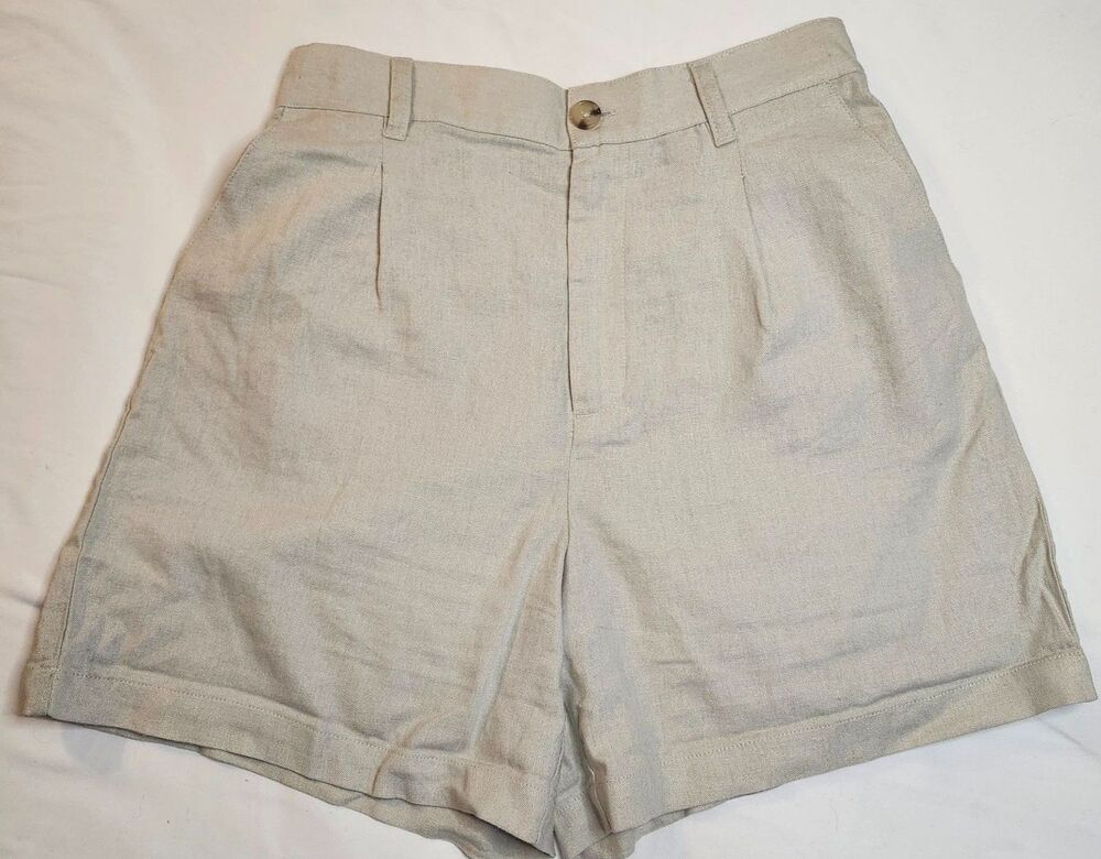 Khaki Linen Beige Pleated Trouser Tailored Shorts Preppy Summer High Rise Sz 27